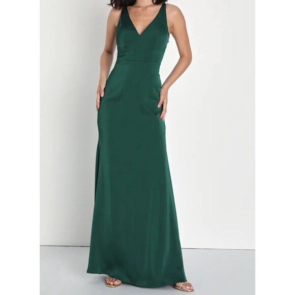 Lulus Aura Emerald Green Sleeveless Satin Maxi Dress Party Wedding HOCO Prom-XS - Picture 1 of 10
